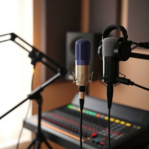 Attrezzatura per la registrazione di un podcast con due microfoni, cuffie e mixer audio