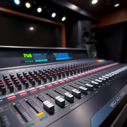 Console di missaggio digitale Avid Pro Tools con equalizzatori e fader in movimento