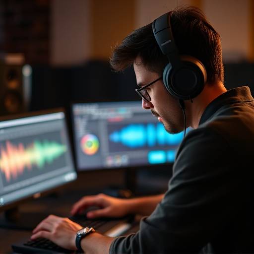 Persona che lavora con software di sound design con cuffie